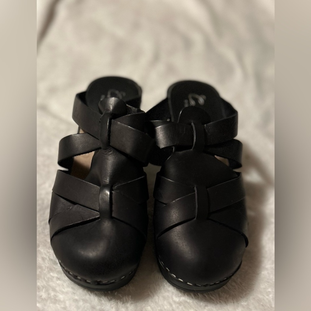 Women's Black Leather Woven Clog Mules - Slip-On Comfort